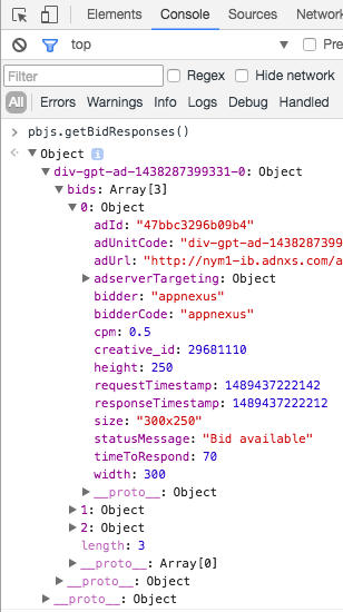 pbjs.getBidResponses() in browser console